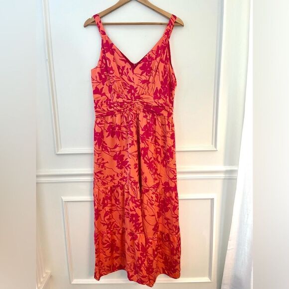 Maggie London Ruched Tiered Skirt Maxi Dress Size 12 Petite in Coral and Pink - Picture 2 of 10